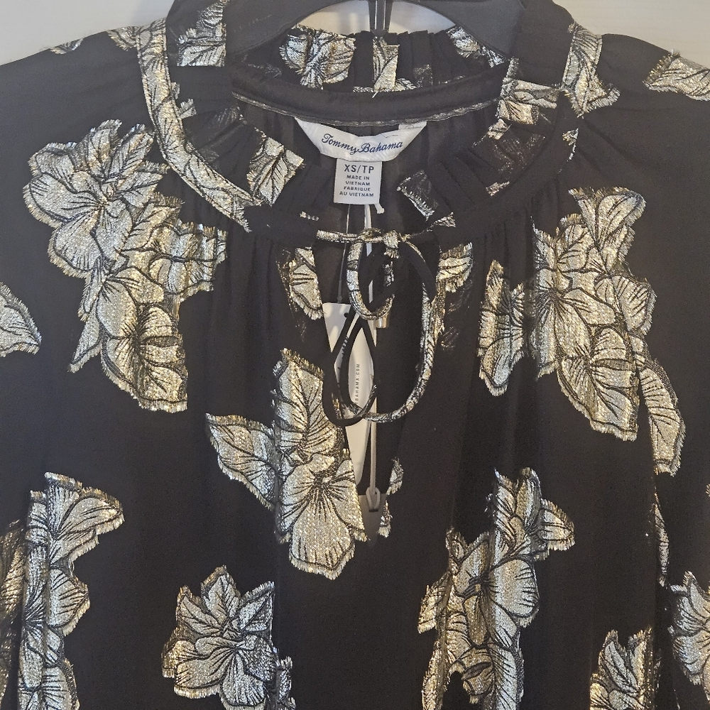 Tommy Bahama Shimmering Shores Longs Sleeve Tiered Dress: Black & Gold Metallic - Picture 7 of 14
